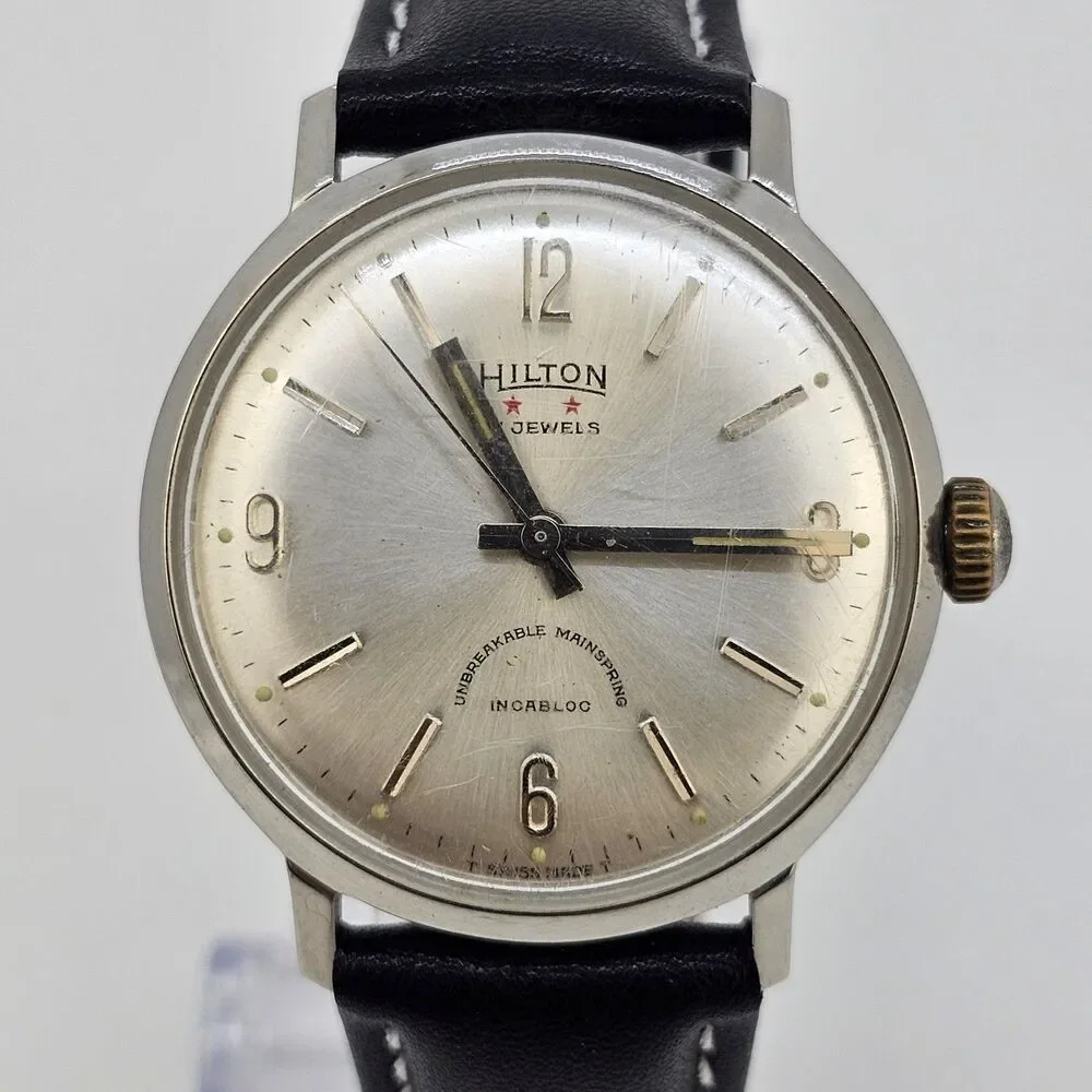 VTG Hilton Automatic Men's Watch 34MM‎ Gray Dial Swiss New Black Leather Bands - Picture 2 of 16
